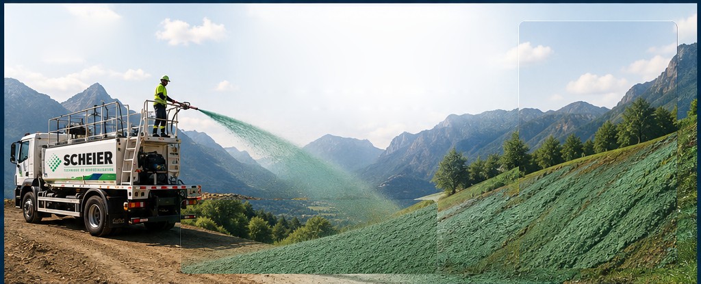 Un opérateur debout sur un hydroseeder SCHEIER projette le mélange vert sur un talus de montagne.