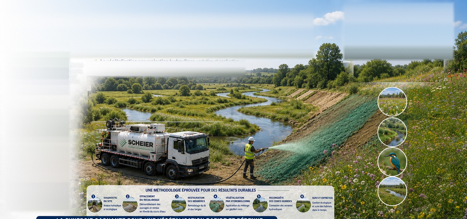 Un opérateur projette le mélange d’hydromulching sur la berge d’une rivière à méandres restaurés, depuis un camion-citerne SCHEIER ; talus couvert de géofilet et prairie fleurie.