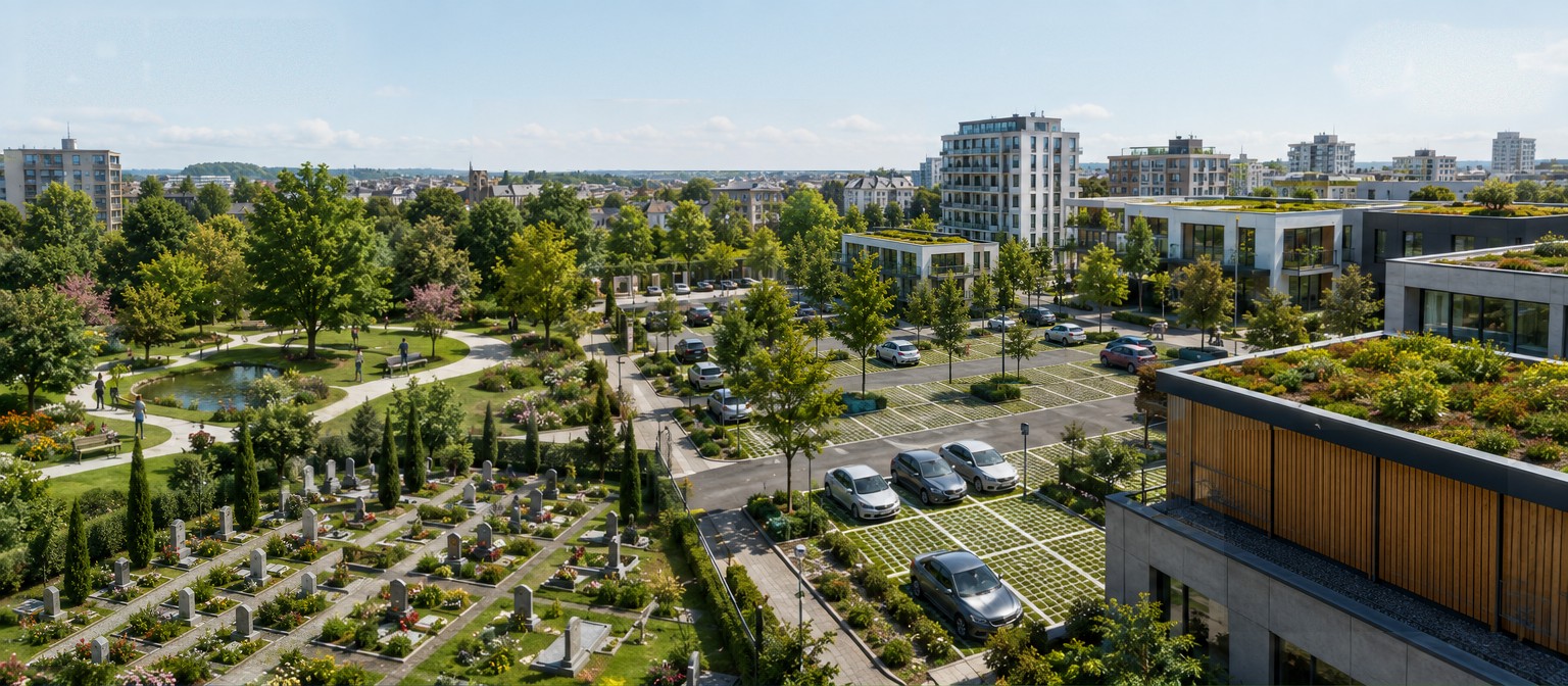 Vue aérienne d’un quartier végétalisé : parc et bassin, cimetière paysager, parking engazonné et immeubles à toitures végétalisées.