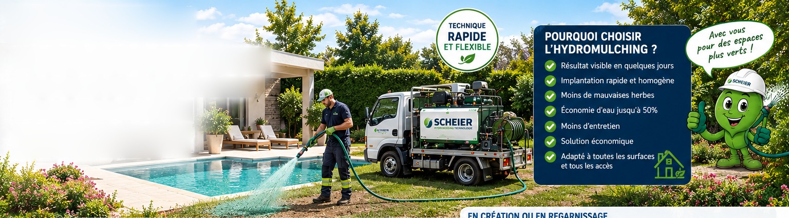 Au bord d’une piscine, un opérateur SCHEIER projette le mélange d’hydromulching sur la terre nue, le camion de projection garé derrière lui.