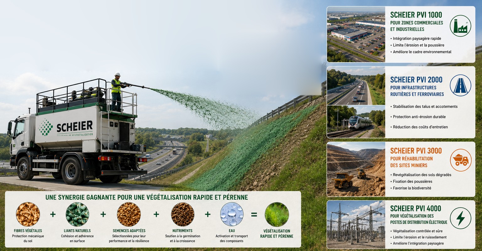 Un opérateur SCHEIER projette le mélange d’hydromulching depuis la plateforme du camion sur le talus d’une autoroute.