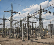 Poste de distribution électrique, pylônes et transformateurs.