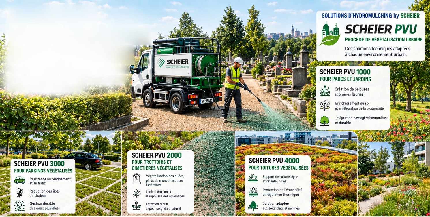 Un camion de projection SCHEIER et un opérateur qui projette le mélange d’hydromulching dans une allée de cimetière paysager ; au-dessous, un parking engazonné, une natte d’hydromulching fraîchement posée, une toiture végétalisée et un parc fleuri.